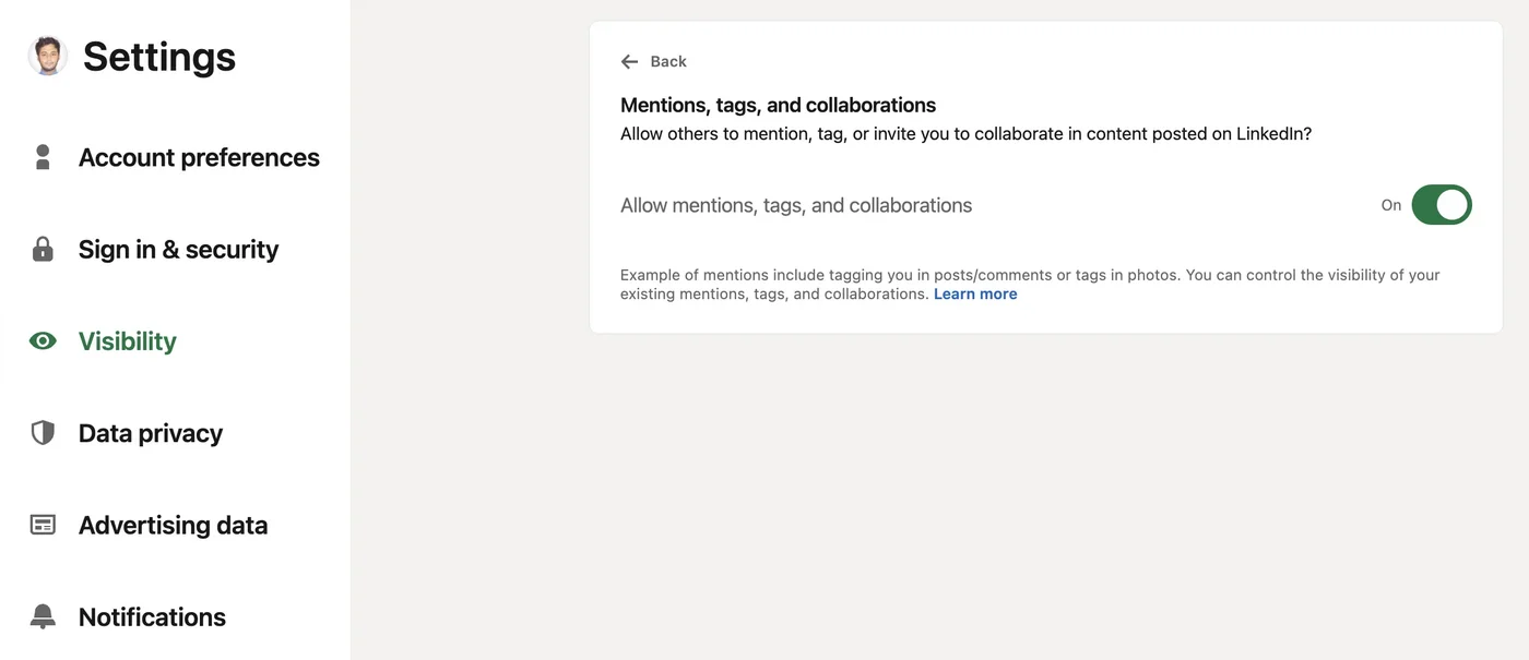 LinkedIn Settings, Visibility section, "Mentions, tags, and collaborations" page with the "Allow mentions, tags, and collaborations" toggle switched On