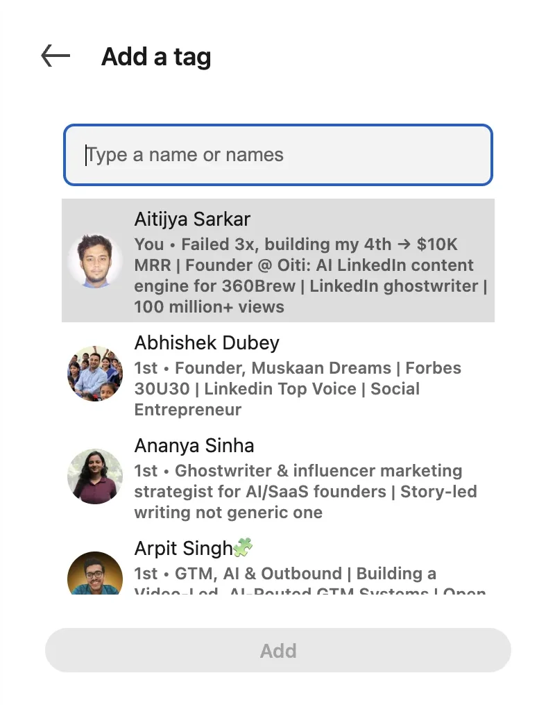 LinkedIn photo editor's "Add a tag" panel with a "Type a name or names" search field, a suggestion list showing Aitijya Sarkar and a disabled Add button