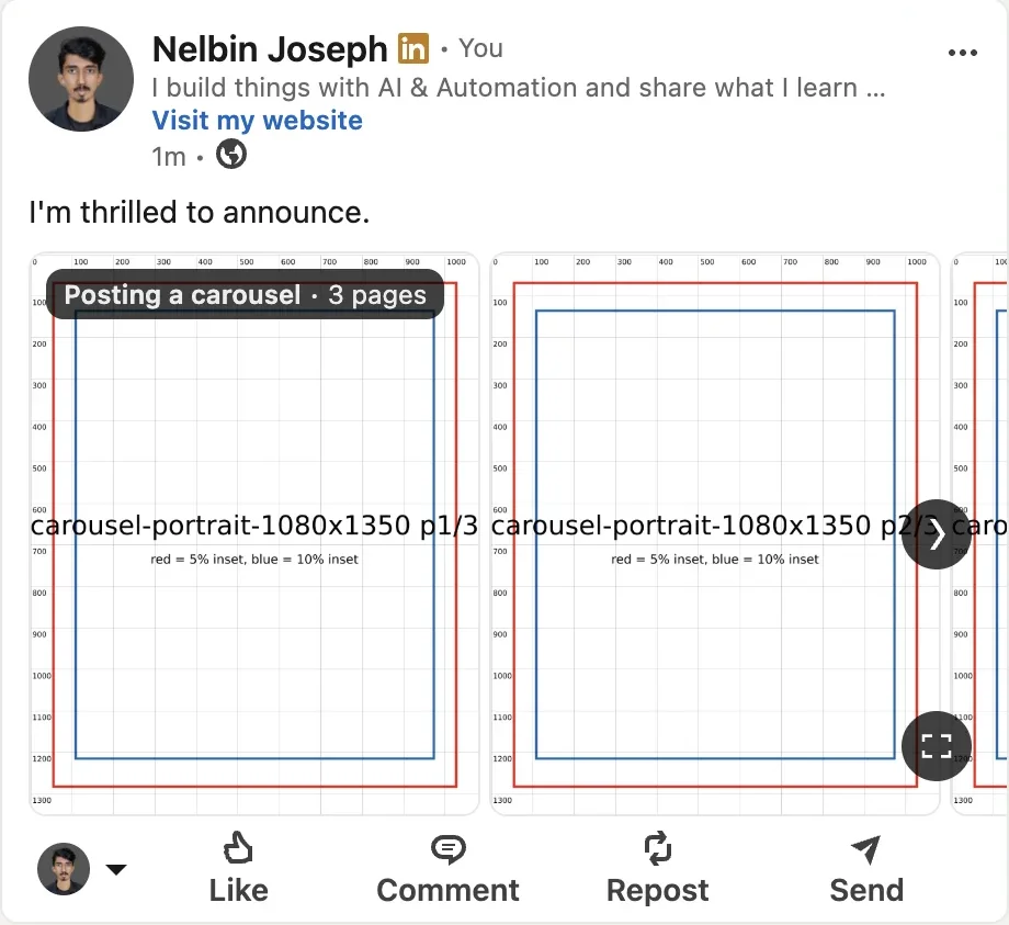 The same 1080x1350 portrait test carousel in a narrower desktop browser window, with the title pill, next arrow and fullscreen button overlaying the pages