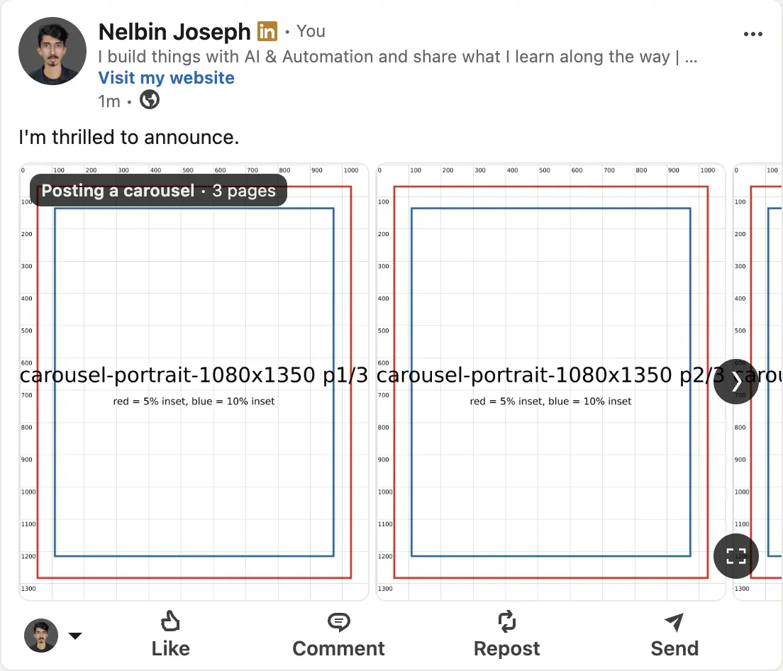 A 1080x1350 portrait test carousel in the LinkedIn desktop feed: the full first page with its 5% and 10% inset guides visible, a "Posting a carousel · 3 pages" pill top-left, a next arrow at the right edge and a fullscreen button bottom-right