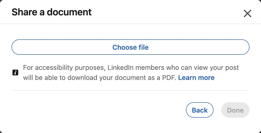 LinkedIn "Share a document" dialog with a Choose file button and a note that members who can view the post can download the document as a PDF