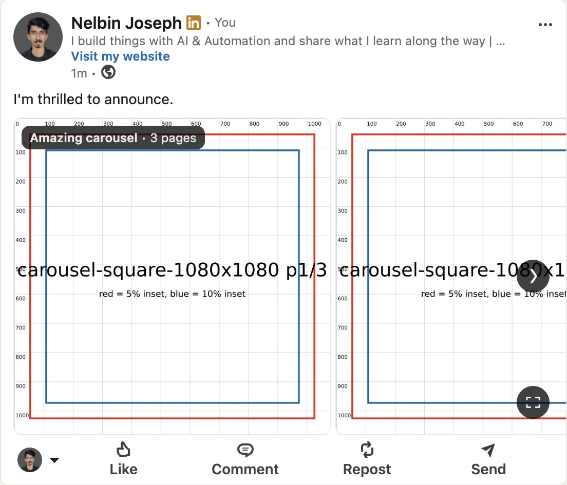 A 1080x1080 square test carousel in the LinkedIn desktop feed with an "Amazing carousel · 3 pages" pill top-left, a next arrow and a fullscreen button over the page
