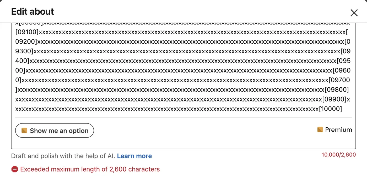 LinkedIn About section editor with the counter reading 10,000/2,600