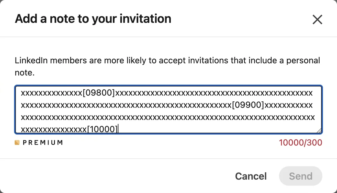 LinkedIn "Add a note to your invitation" dialog with a Premium badge and the counter reading 10000/300