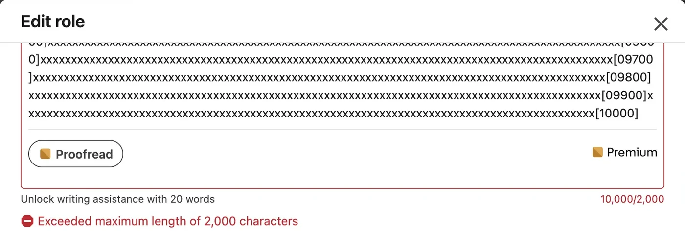 LinkedIn edit experience form with the description counter reading 10,000/2,000