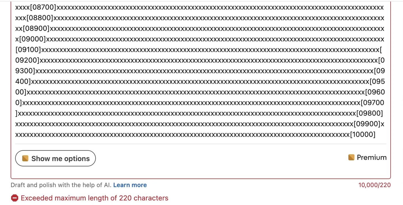 LinkedIn edit intro form showing the counter 10,000/220 and the error "Exceeded maximum length of 220 characters"