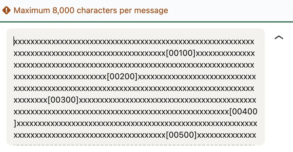 LinkedIn message input with the warning "Maximum 8,000 characters per message"